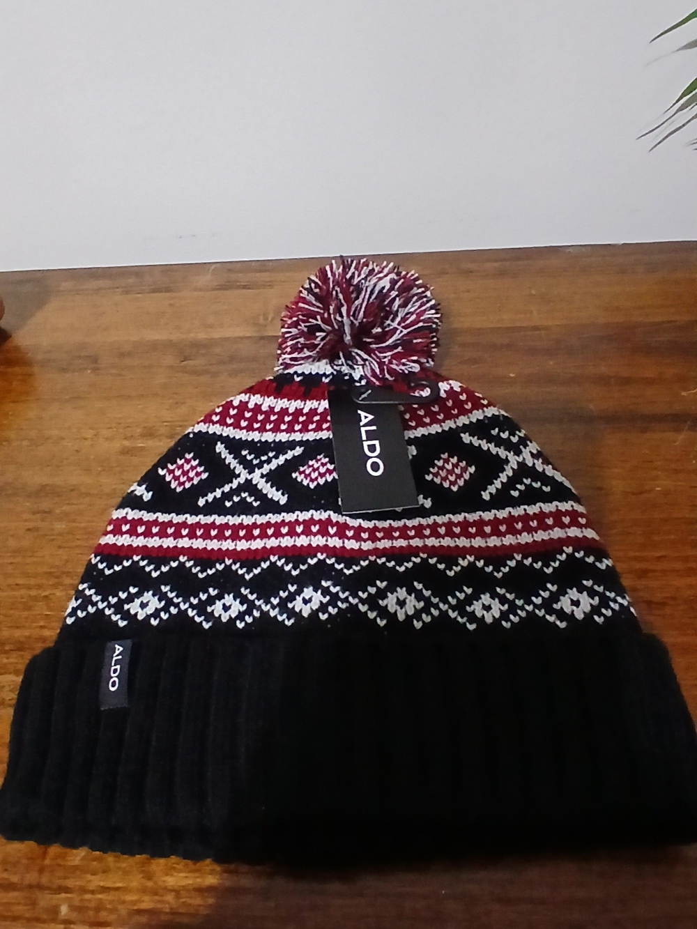 Aldo Unisex Maroon, Black & White Pom-Pom Knit Hat